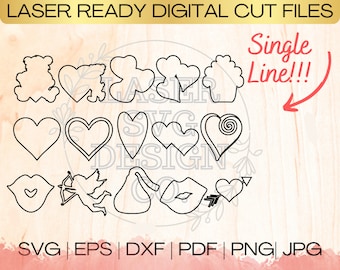 SVG Valentine Bundle Single Line Heart Shape Download File in EPS, dxf, pdf, SVG for Laser Glowforge