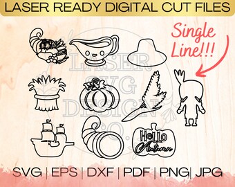 SVG Thanksgiving Bundle Single Line Download File in EPS, dxf, pdf, SVG for Laser Glowforge