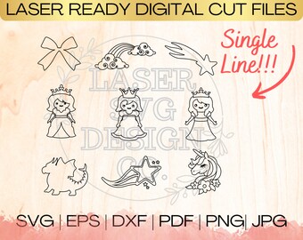 SVG Kids Princess Bundle Single Line Download File in EPS, dxf, pdf, SVG for Laser Glowforge