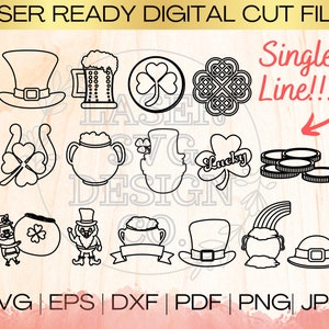 Può includere: File di taglio digitale pronti per il laser, con disegni a tema San Patrizio. Include contorni di cappello a cilindro, boccale di birra, trifogli, ferro di cavallo, folletto, pentola d'oro e arcobaleno. Testo: "Laser Ready Digital Cut Files" e "Single Line!!!".