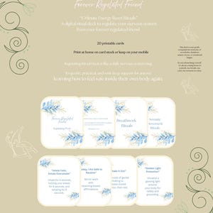 May include: A digital ritual deck titled "Forever Regulated Friend" with 20 printable cards. The cards feature blue floral designs and text, including "Inhale Calm, Exhale Overwhelm" and "Golden Light Protection". The background is a light beige with decorative swirls.