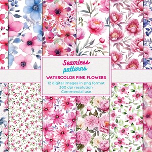 Peut inclure: Plusieurs motifs sans couture à l'aquarelle avec des fleurs roses dans divers designs. Les motifs présentent des arrangements floraux avec des fleurs roses, rouges et bleues, avec le texte "Seamless patterns WATERCOLOR PINK FLOWERS".