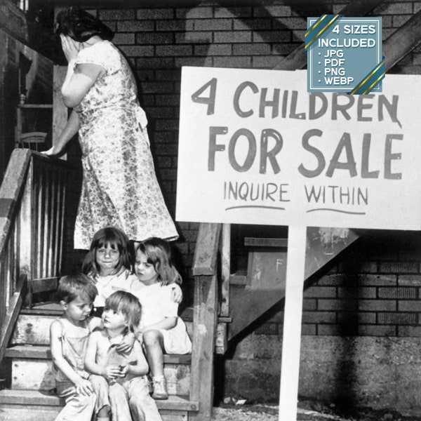 Bettmann - 4 Children For Sale (1948) B&W Photograph | Depression Era | Digital Art Print | Instant Digital Download | Printable Photo