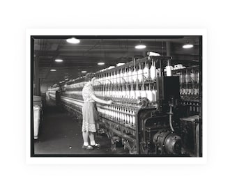 Lewis Hine - Woman Standing at Long Row of Bobbins (1936) Black & White Photograph | 7x5" | Glossy | Photo | Print | Landscape | Industrial