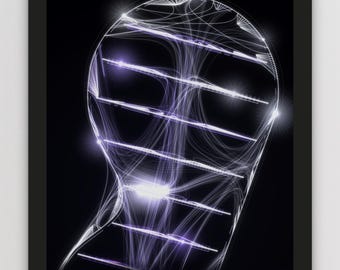 May include: A framed black poster featuring a white, glowing, abstract line-art diagram of the Apollo 17, 1972 mission. The graphic displays complex, interconnected light trails and horizontal lines with the text LUMINARY 210 AGC ASSEMBLY 1972.