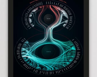 May include: A framed poster featuring a dark background with a complex data visualisation of Apollo 13, 1970. It displays the Moon and Earth connected by flowing red and teal lines, with the text Houston, we've had a problem at the top.