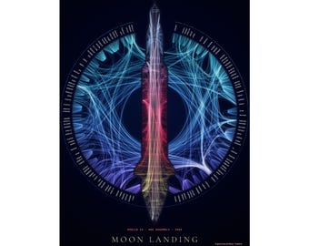 May include: A vertical poster on a dark background featuring a stylised rocket graphic in red, blue, and yellow gradients. A circular data visualisation surrounds the rocket with thin lines. Text reads APOLLO 11 AGC ASSEMBLY 1969 MOON LANDING.