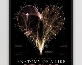 May include: A framed black poster titled Anatomy of a Like, featuring a data visualisation of a heart shape formed by interconnected light-coloured lines and nodes. The graphic displays technical text, function counts, and call statistics.