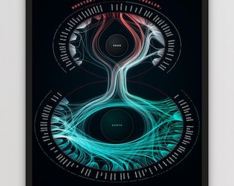 May include: A framed poster featuring a dark background with a complex data visualisation of the Apollo 13 mission. It displays the text "HOUSTON, WE'VE HAD A PROBLEM." and "APOLLO 13, 1970" with glowing blue and red lines connecting Earth and Moon.
