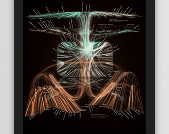 May include: A framed black poster titled First Flight on Mars, 2021, featuring a complex data visualisation of C++ flight software. The graphic displays intricate light-coloured lines connecting various nodes against a dark background.