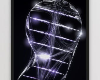 May include: A framed black poster featuring a white, abstract, glowing line-art graphic resembling a human head silhouette composed of complex data paths. The text at the bottom reads LUMINARY 210 AGC ASSEMBLY 1972 APOLLO 17, 1972.