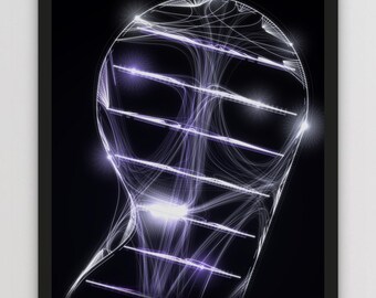 May include: A framed black poster featuring a white, glowing, abstract data visualisation of the Apollo 17 mission. The graphic displays complex, interconnected lines and nodes. Text at the bottom reads: LUMINARY 210 AGC ASSEMBLY 1972 APOLLO 17, 1972.