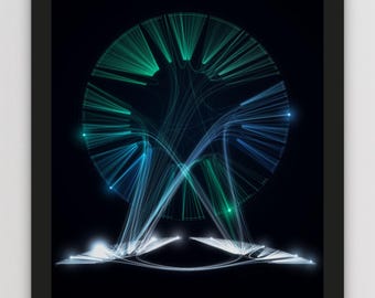 May include: A framed digital art print on a black background featuring a circular network of glowing blue and green lines connecting to a central base. The text at the bottom reads: COLOSSUS 237 - AGC ASSEMBLY - 1968 EARTH FROM THE MOON, 1968.