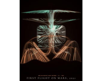 Puede incluir: Un póster negro que presenta una visualización de datos del software de vuelo del helicóptero de Marte. El gráfico muestra intrincadas líneas azul claro y naranja que irradian desde una forma rectangular central. El texto en la parte inferior dice: FIRST FLIGHT ON MARS, 2021.