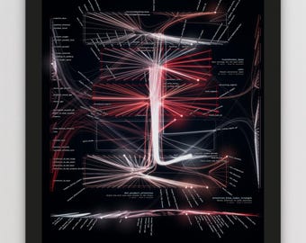 May include: A framed poster titled THE CODE BEHIND MODERN AI, 2017, featuring a complex network diagram of red and white lines on a black background. The graphic illustrates code structures with labels like Transformer_base and dot_product_attention, creating a glowing, interconnected web of data points and technical text.