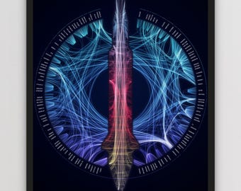 May include: A framed poster titled MOON LANDING APOLLO 11 AGC ASSEMBLY 1969. The graphic features a central vertical rocket shape composed of red and yellow light lines, surrounded by a circular blue data flow pattern with text labels.