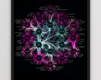 May include: A black poster featuring a hexagonal flow chart diagram in shades of magenta and cyan. The graphic illustrates the Webb Telescope calibration process with interconnected nodes and text labels. The bottom reads THE WEBB TELESCOPE, 2022.