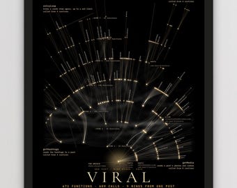 May include: A framed black poster titled VIRAL featuring a data visualisation of 671 functions and 609 calls. The graphic displays a radial network of light-coloured lines and nodes on a dark background with technical text labels and statistics.