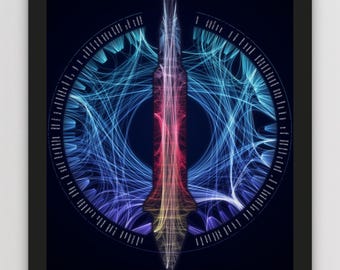 May include: A framed poster featuring a vertical rocket graphic with a gradient of red, orange, and yellow, surrounded by a circular blue network of lines and text. The text reads APOLLO 11 AGC ASSEMBLY 1969 MOON LANDING.