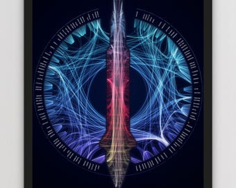 May include: A framed poster featuring a vertical, glowing data visualisation of the Apollo 11 assembly. The central rocket shape transitions from yellow to red to white, surrounded by blue circular network lines and text reading MOON LANDING.