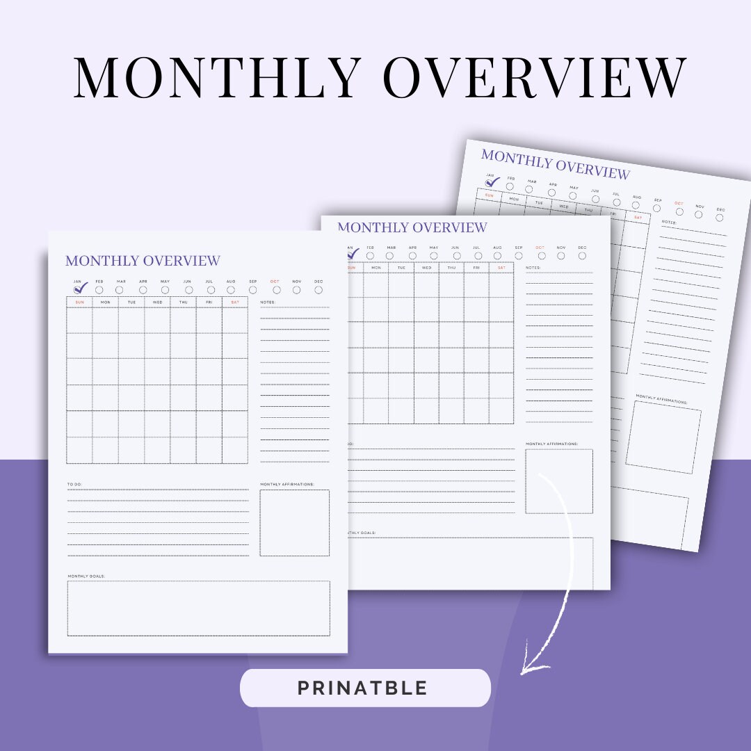 Happy Planner Printable Monthly Inserts, Monthly Overview, Month At A Glance, Big Happy Planner Monthly Printable Inserts