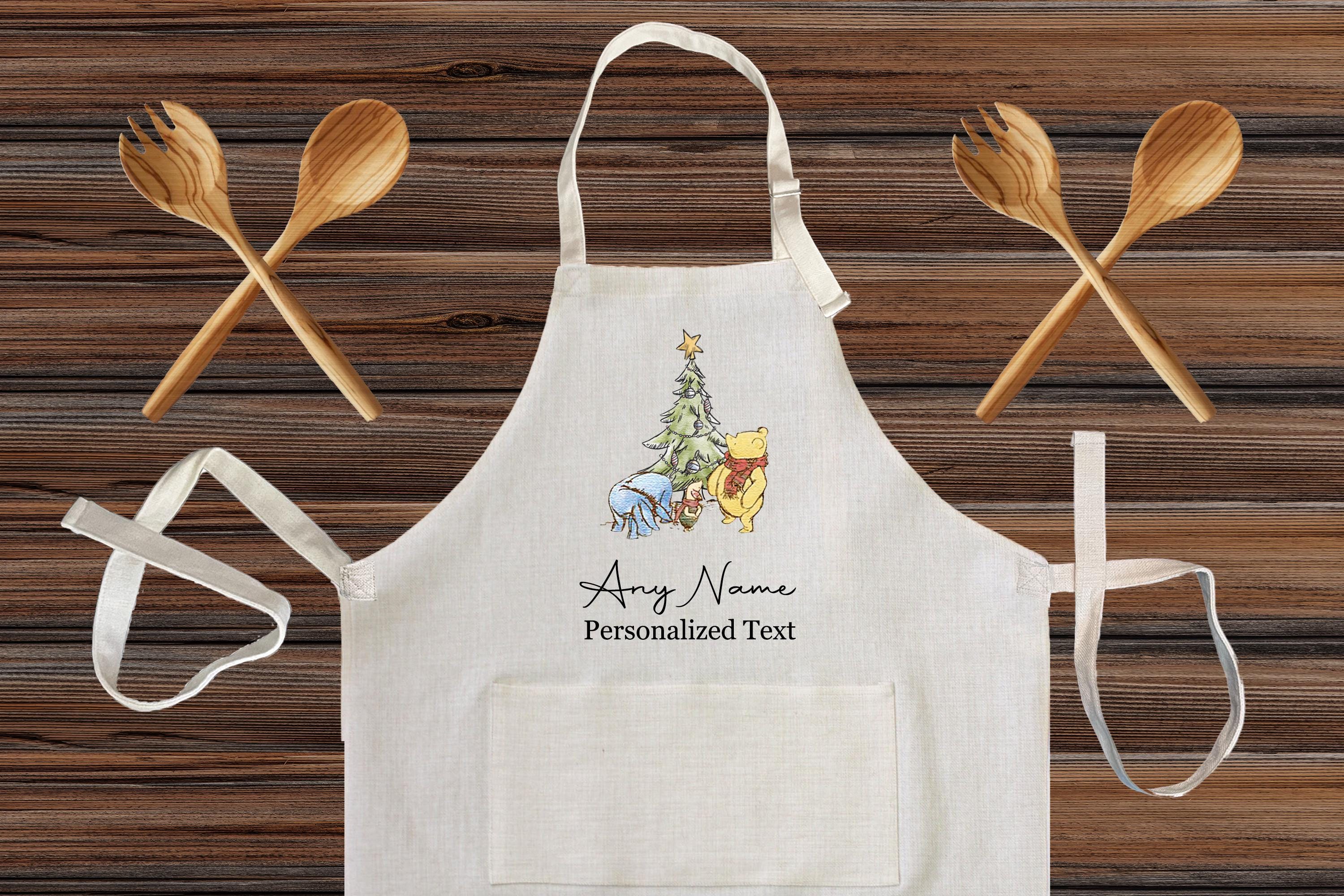Personalized Winnie the Pooh & Piglet Christmas Tree Design Linen Kitchen Apron cooking apron for kids and Adults, Customized design gift
