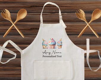 Personalized Rainbow Cupcakes Design Linen Kitchen Apron, cooking apron for kids and Adults, Custom Cooking design gift