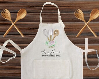 Personalized Utensils with Flowers Linen Kitchen Apron, cooking apron for kids and Adults, Custom Cooking design gift
