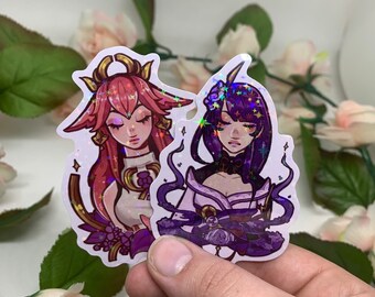 Genshin Impact Holographic Stickers | Raiden Shogun & Yae Miko, Kawaii Sparkle (3 Inch)