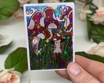 Mushroom Ghost 3 Inch Holographic Vinyl Sticker | Kawaii Cottagecore