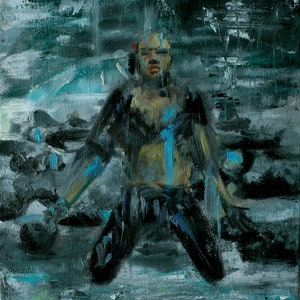 May include: A painting of a person in a dark blue outfit with blue accents, kneeling with their head down. The background is a dark blue and green abstract design.