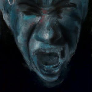 May include: A close-up of a painting depicting a person's face with a dark blue and gray color scheme. The person is screaming with their mouth open wide. The painting has a dark background.