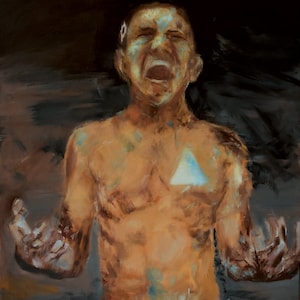 May include: A painting of a man with a bare chest and a blue triangle on his chest. He is screaming with his mouth open and his eyes wide. The background is dark brown.