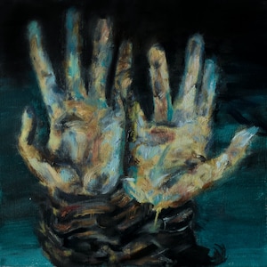 May include: A painting of two hands reaching up, painted in shades of blue, yellow, and brown against a dark blue background.