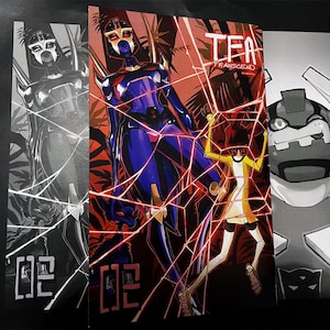 May include: Three comic book covers. The central cover shows a figure in blue and red with the text "TEA TRANSCEND". The other covers are in black and white, with a figure and the number "02".