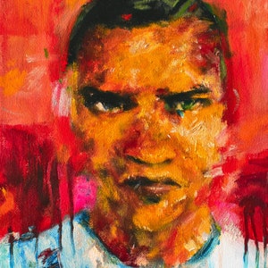May include: A close-up portrait painting of a person with dark skin. The person has short black hair and is looking directly at the viewer. The painting is done in a loose, expressive style with bold strokes of color. The background is a vibrant red.