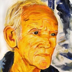 May include: A painting of an older person with a yellow face and white hair. The person is wearing a dark blue shirt. The background is a light blue and white abstract design.