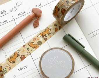 Cinta adhesiva decorativa Kamiiso SAIEN / 15 mm / 1 rollo / Lámina plateada con zorro y hojas de otoño / Otoño / Cinta adhesiva japonesa