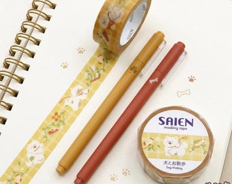 Kamiiso SAIEN | 15mm | 1 Roll | Walking with Dog Decoration Washi Tape | Picnic | Japanese Masking Tape