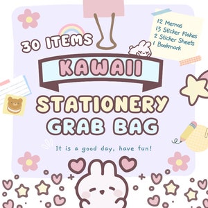 30 Items Kawaii Stationery Grab Bag | Cute Memos, Stickers, Bookmark | Perfect for Planners, Journals Decoration | Surprise and Fun Gift