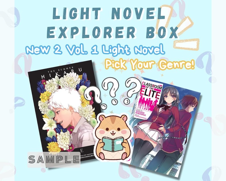 Puede incluir: Imagen promocional para una "Light Novel Explorer Box" con dos portadas de libros y un h&aacute;mster de dibujos animados leyendo. Las portadas muestran ilustraciones de estilo anime. El texto incluye "Light Novel Explorer Box" y "Pick Your Genre!"