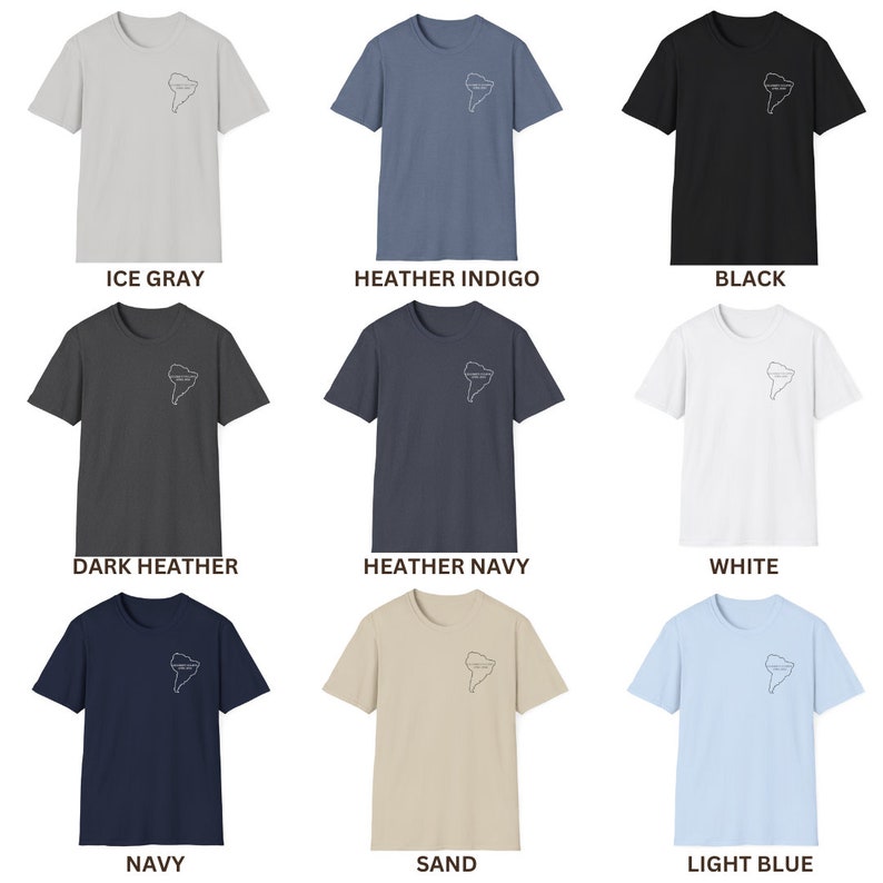 May include: Nine different colour t-shirts featuring a line drawing of the continent of South America on the left chest. The colours are ice grey, heather indigo, black, dark heather, heather navy, white, navy, sand, and light blue.