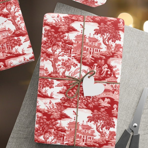 Red Chinoiserie Toile Christmas Wrapping Paper | Holiday Gift Wrap