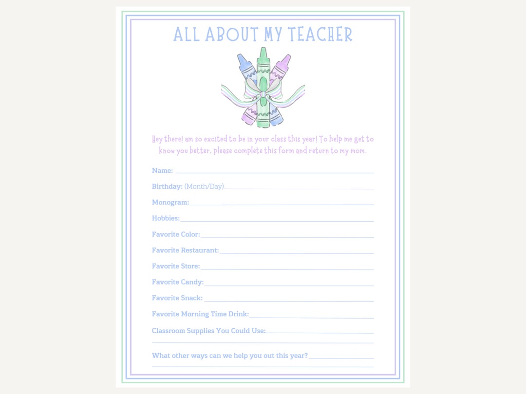 Printable Get to Know the Teacher Questionnaire, Teacher Favorite ...