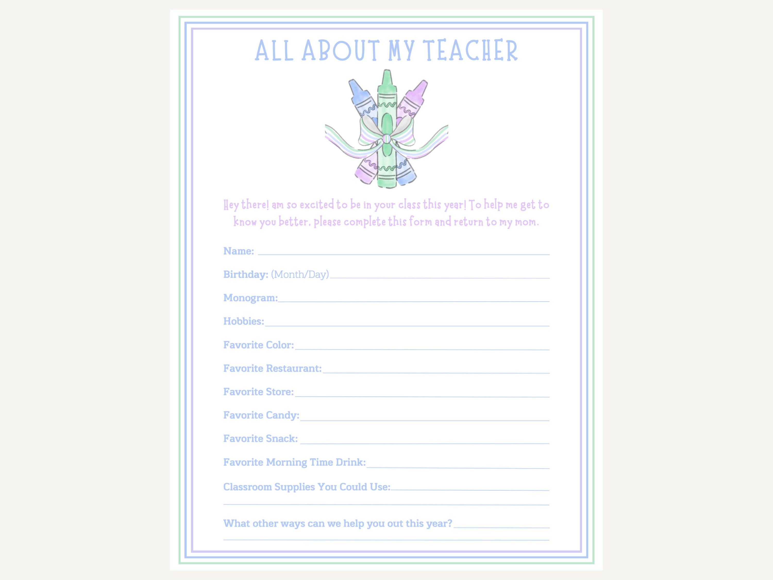 Printable Get to Know the Teacher Questionnaire, Teacher Favorite ...