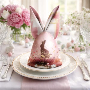 May include: An Easter-themed table setting features a decorative napkin folded into bunny ears. The pink napkin is placed on a white plate with a gold rim, and the design includes a silhouette of a rabbit. The table is decorated with flowers and Easter eggs.
