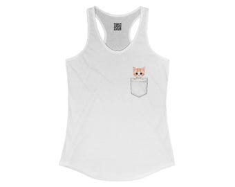 Joli chaton dans une poche, t-shirt pour amoureux des chats, chemise graphique dos nageur pour femme, chemisier sans manches à imprimé animal, drôle d'été félin