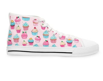 Lovely Cupcakes High Top Sneakers for Women, Cute Cupcake Shoes, Fun Dessert Sneakers, Stylish Women's Sneakers, Unique Cupcake Gift for