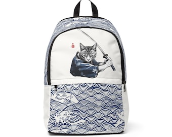 Samurai Neko Courage Unique Backpack, Unisex Canvas Bag, Japanese Traditional School Bookbag, Unique Travel Knapsack, Cool Anime Rucksack