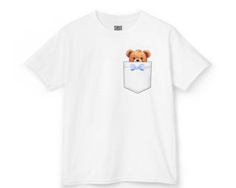 Adorable Kids Super Comfy Heavy Cotton Pocket Tee with Teddy Bear, Fun Gift for Birthdays, Everyday Wear,